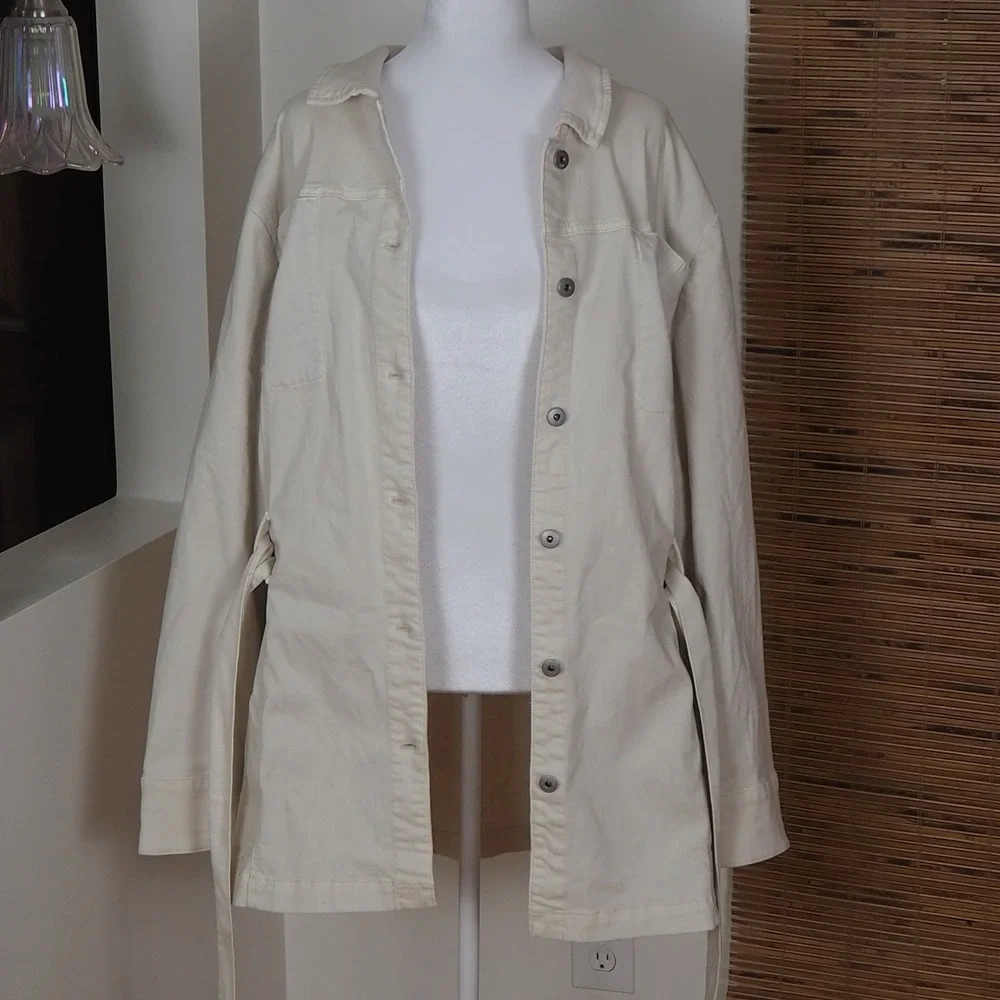 NWT J. Jill Cream Denim Belted Duster Trench Coat Size 3X Light Jacket in Barley - Picture 6 of 16